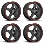 Set Motegi MR116 FS5 16X7 4X4.25 4X4.5 Black Red Racing Stripe Wheels 16" 40MM. Fixed Price $812.00.