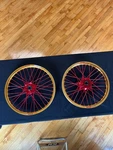 Gold Takasago Excel Rims With Red Spokes And Dubya Hubs Front/rear Wheel Set. Fixed Price $999.00.