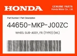 Honda Genuine Wheel Sub-assy., Fr. (TYPE1) (wl) 44650-MKP-J00ZC. Fixed Price $325.02.